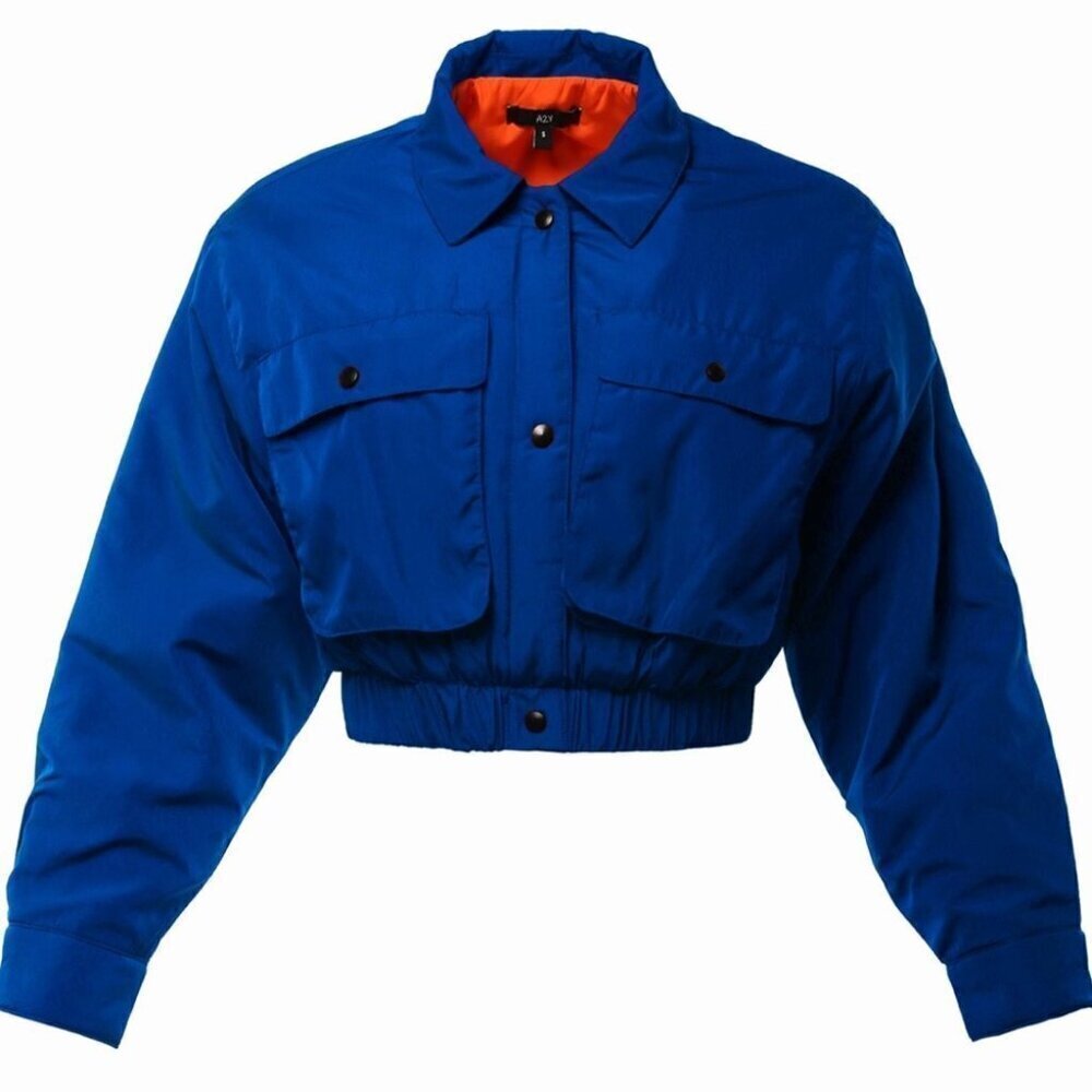 Periwinkle Blue Nylon Trendy Stylish Cropped Bomber Jckt with Standup Collar L